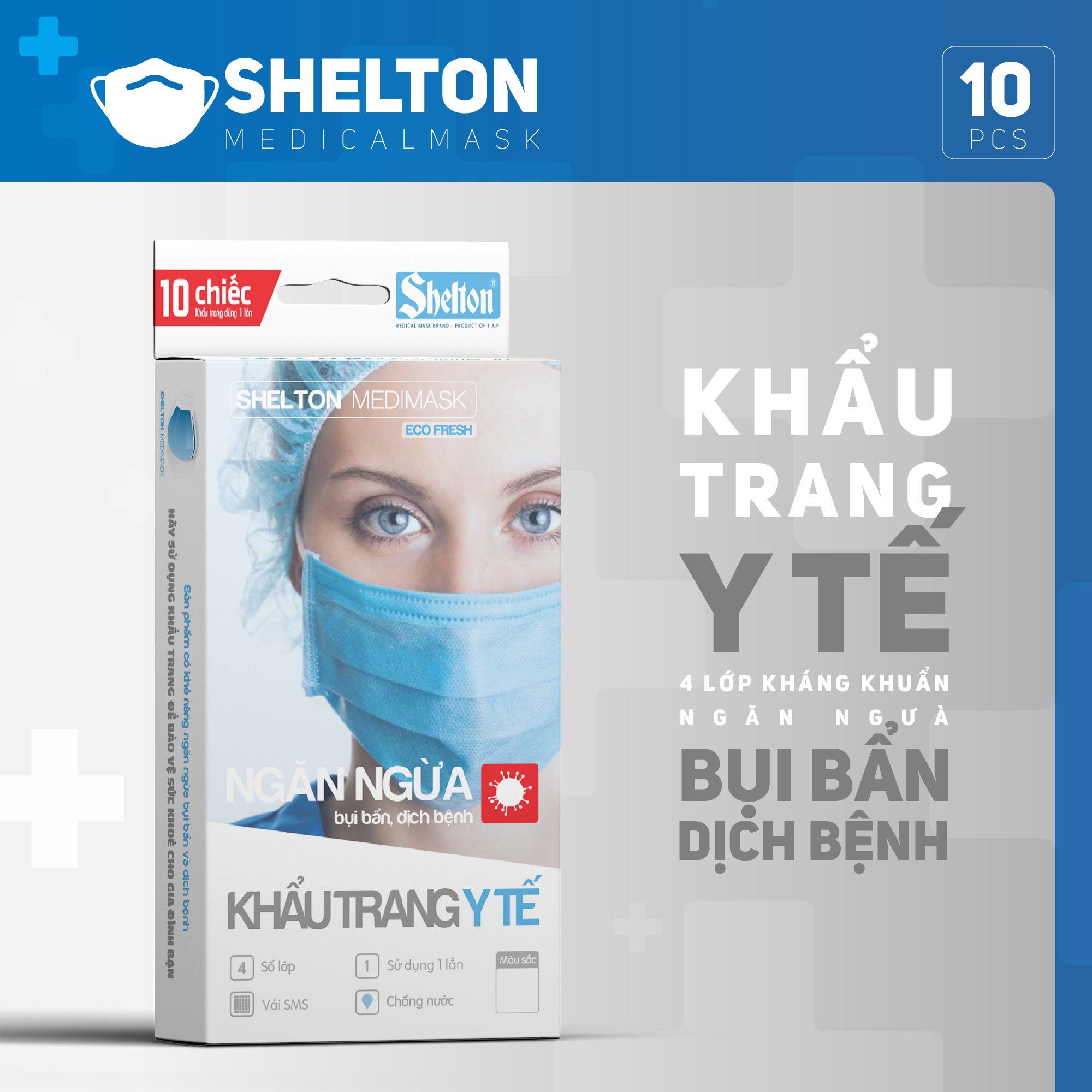 Khẩu trang y tế kháng khuẩn 4 lớp Shelton Medimask Ecofresh hộp 10 chiếc,khẩu trang kháng khuẩn 4 lớp dành cho người lớn,khẩu trang 4 lớp mềm mại có vải kháng khuẩn ngăn ngừa bụi bẩn,vi khuẩn sử dụng 1 lần