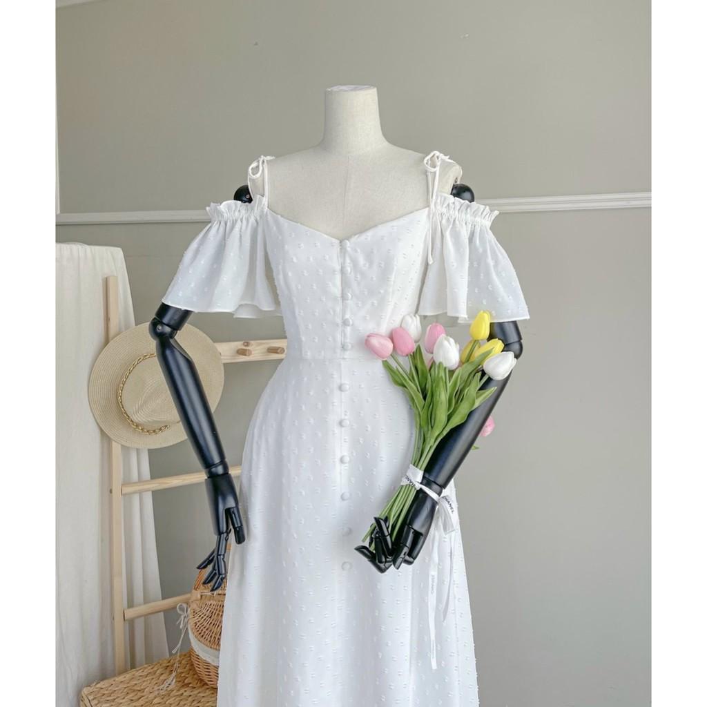 ĐẦM MAXI NÚT BỌC TRỄ VAI CÓ DÂY CỘT VOAN HỘT DÁNG XÒE-hình thật shop chụp