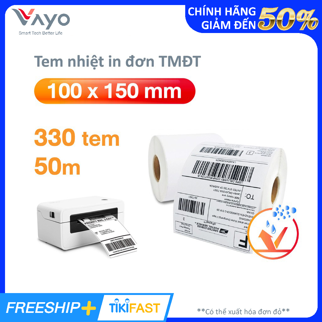 Cuộn giấy in nhiệt giấy in bill VAYO 100x150mm (giấy A6), tự dính,chống nước, dành cho thương mại điện tử