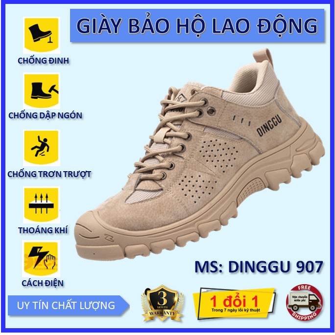 Giày bảo hộ lao động DINGGU 907, Kiểu dáng Nam tính Trẻ trung, Thời trang, Thoáng khí, Mũi giày bọc thép chống va đập, Đế giày có lớp KEVLAR chống xuyên thủng, Chống trơn trượt. Mẫu mới 2023.