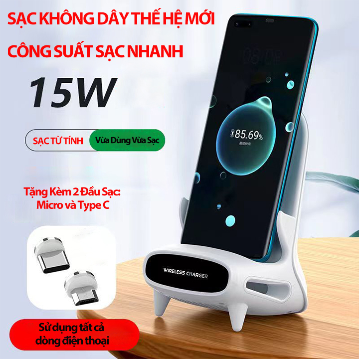 Sạc Không Dây 15W Sạc Từ Tính Dùng Cho Tất Cả Dòng Máy Điện Thoại Kết Hợp Khuếch Đại Âm Thanh 3 Chiều Tặng Kèm 2 Đầu Từ Tính Type C và Micro