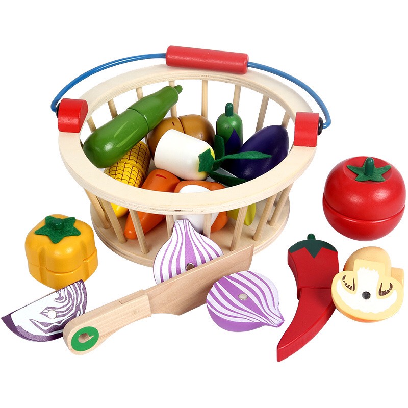 Bộ đồ chơi cắt hoa quả, rau củ bằng gỗ cho bé. Bộ đồ chơi nấu ăn có nam châm, có giỏ đựng bằng gỗ