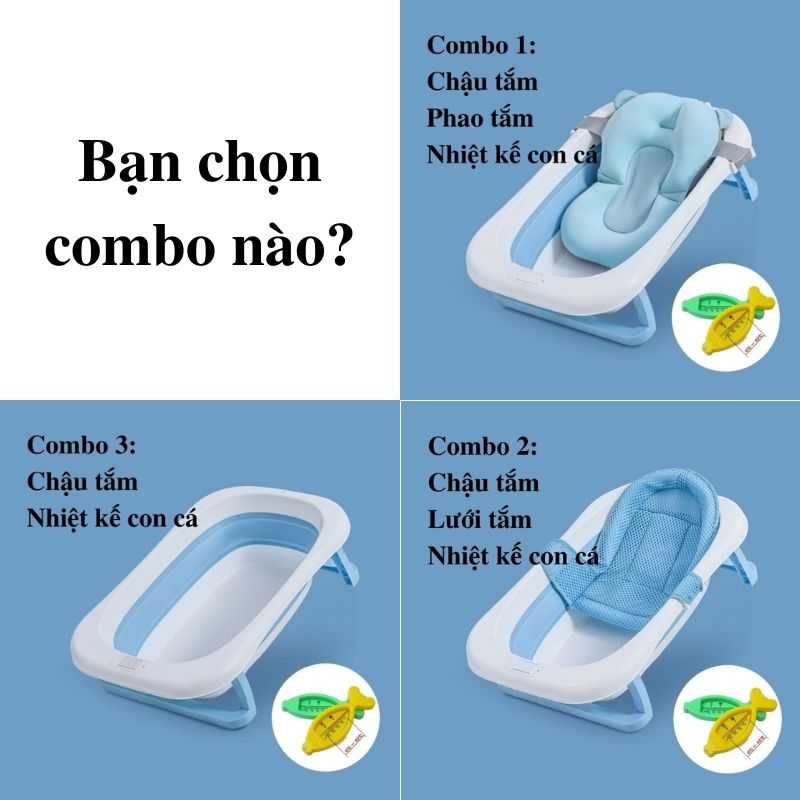 Chậu tắm cho bé, Chậu tắm gấp gọn cho bé sơ sinh, tặng nhiệt kế cá, kèm phao tắm, lưới tắm babyjoymart