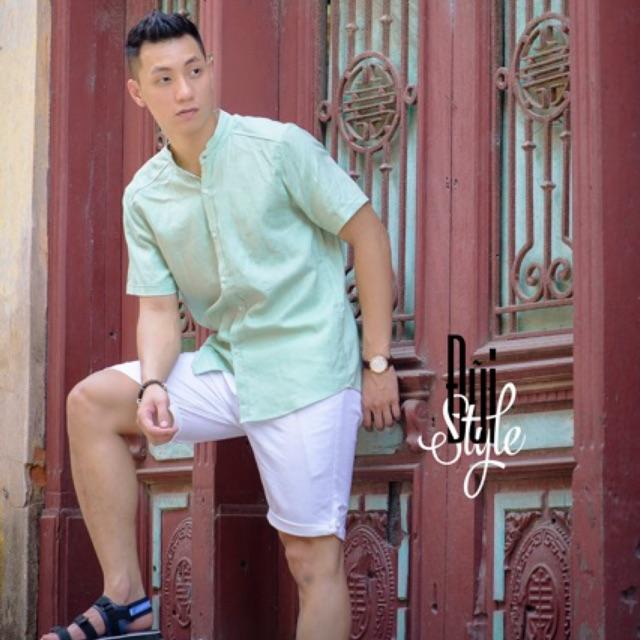 Áo sơ mi đũi cổ tàu cộc tay - Màu bạc hà