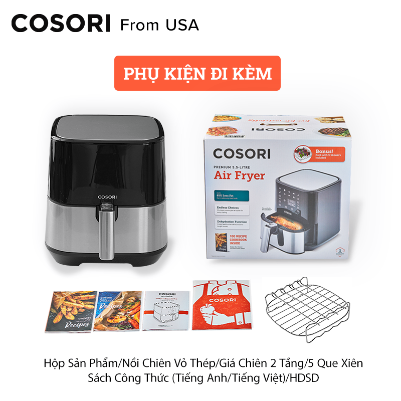 NỒI CHIÊN KHÔNG DẦU ĐIỆN TỬ, COSORI, VỎ THÉP, GIỎ CHỐNG DÍNH, 5.5L (AIR FRYER)- HÀNG CHÍNH HÃNG