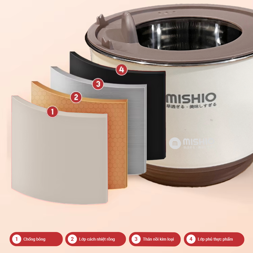 Nồi Lẩu Điện Mini 1.5L Mishio MK392 600W lòng nồi inox 304 không gỉ sét - hàng chính hãng