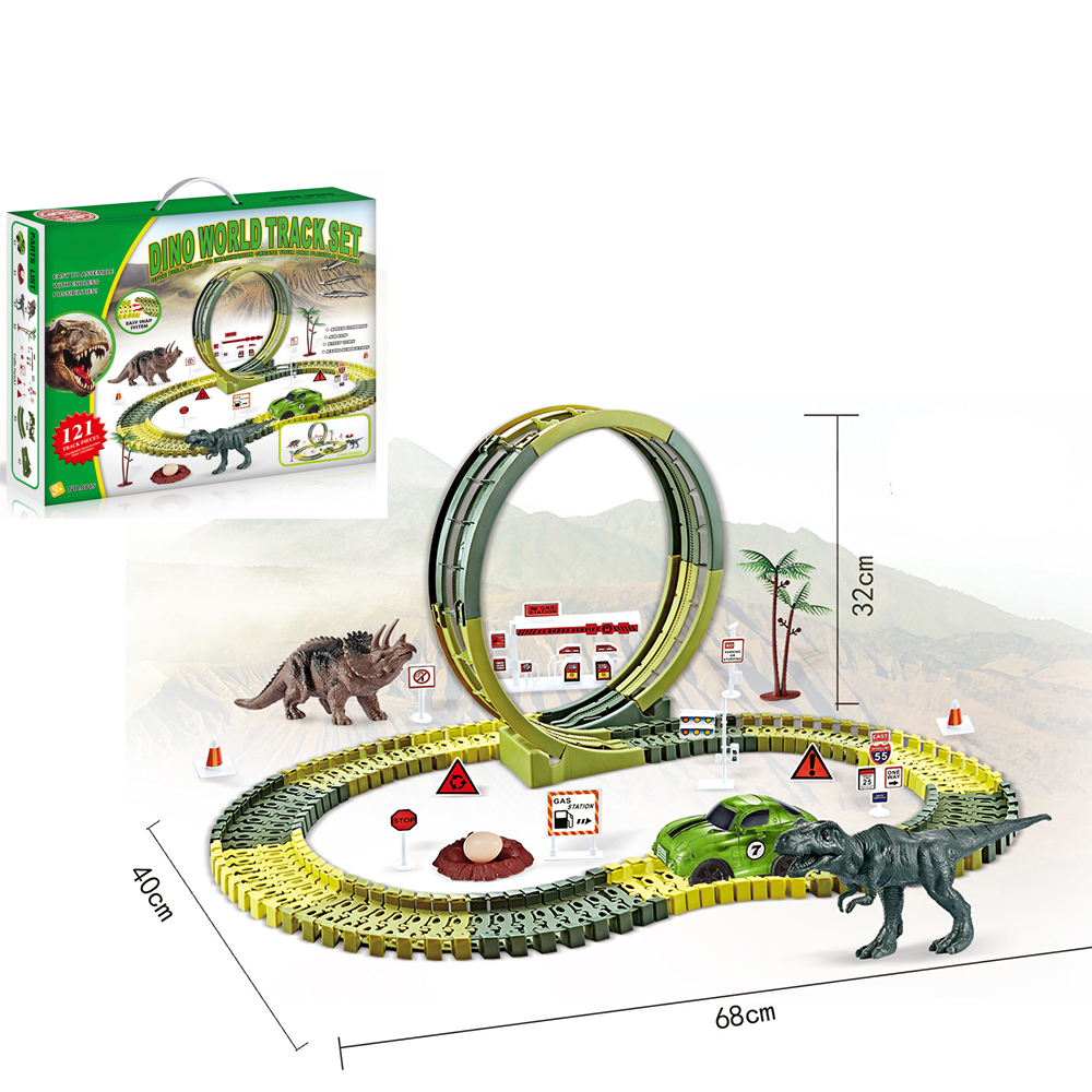Bộ đồ chơi  lắp ghép đường ray ô tô KAVY kèm khủng long và nhiều chi tiết khác nhau