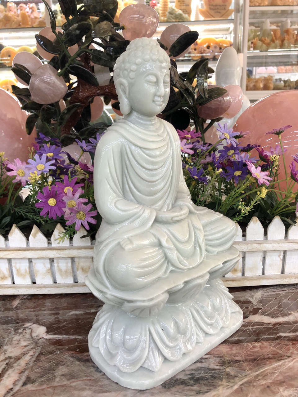 Tượng Phật Thích Ca ngồi đài sen đá cẩm thạch trắng xanh - Cao 30cm