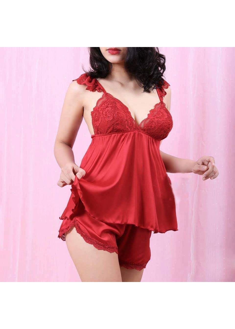 ĐỒ BỘ LỤA MẶC NHÀ,ĐỒ NGỦ PHỐI REN-MÀU ĐỎ