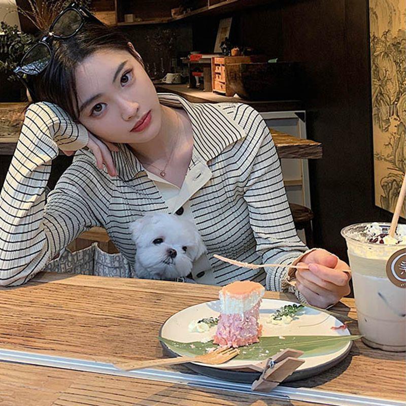 MS417 Áo len cổ bẻ kẻ ngang Hàn Quốc
