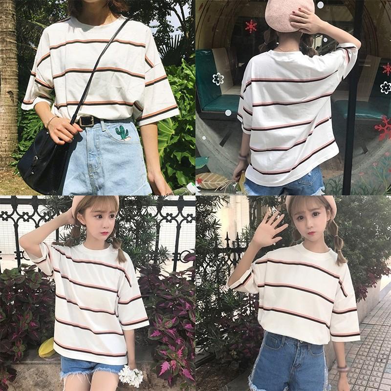 Áo Thun Tay Ngắn Hoạ Tiết Kẻ Sọc Thiết Kế Dáng Rộng Thoải Mái