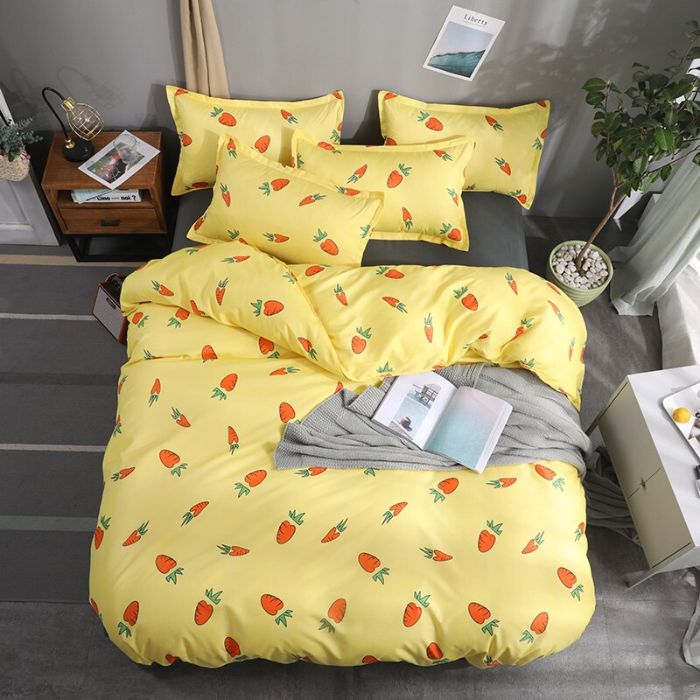 Bộ chăn ga gối Cotton cao cấp 1m6x2m màu vàng hoạt tiết cà rốt cam THC186
