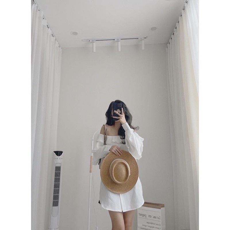 Đầm trắng bẹt vai bèo xếp ly phần thân trên tay dài kiểu sơ mi