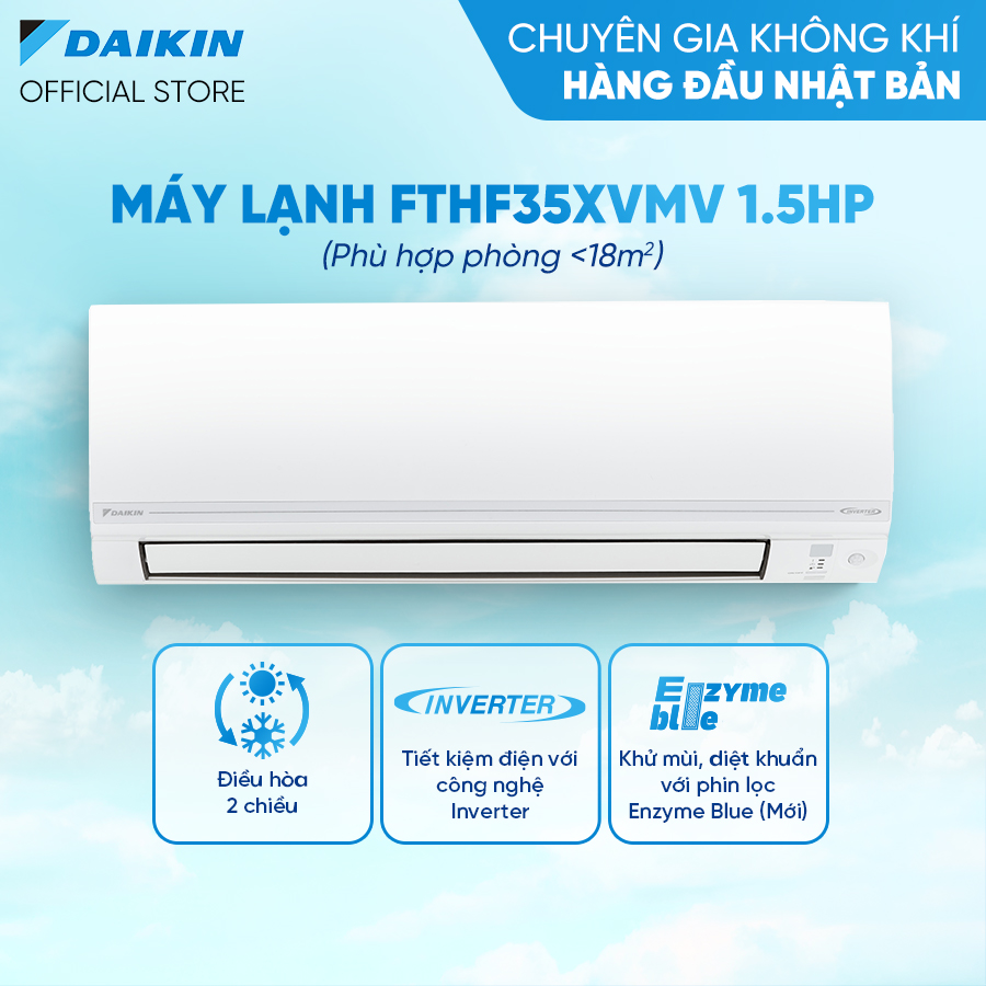 Máy Lạnh Daikin Inverter 2 chiều FTHF35XVMV - 1.5HP Streamer độc quyền - Tiết kiệm điện - Luồng gió Coanda - Làm lạnh nhanh - Hàng chính hãng