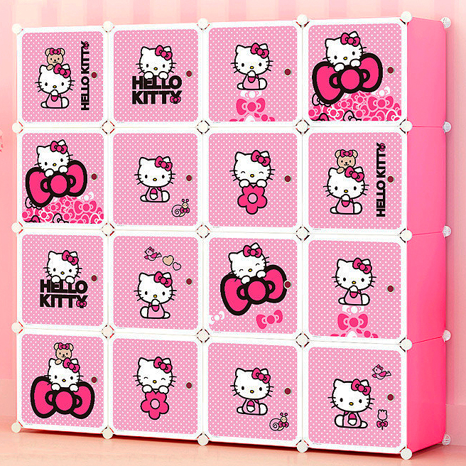 Tủ Nhựa Lắp Ghép Đa Năng 16 Ô Khung Màu Hồng, Cửa Hello Kitty ( 147*147*47)