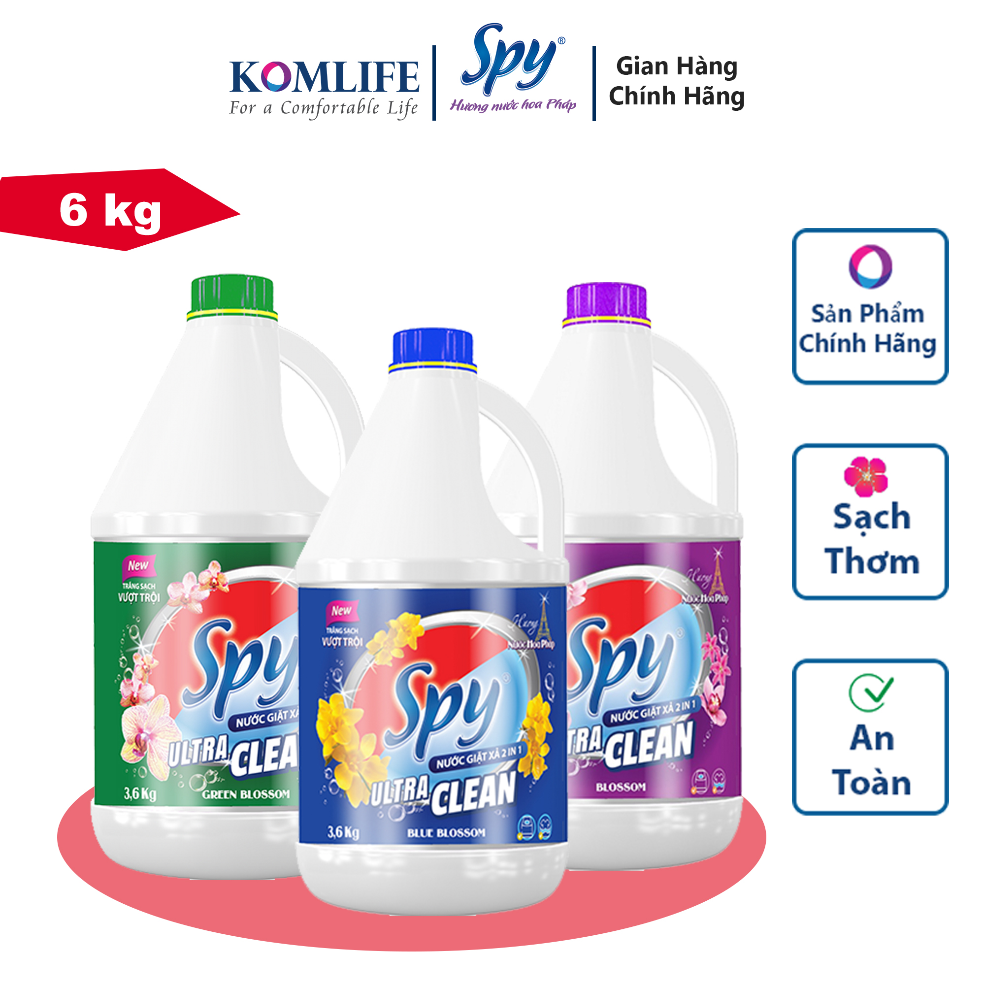 Can nước giặt xả SPY Ultra Clean 6 kg 2 trong 1 hương hoa Pháp trắng sạch, thơm lâu, tiết kiệm