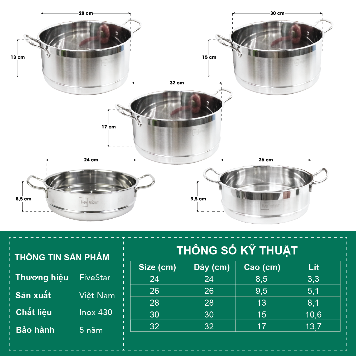 Xửng Hấp Inox 2 Quai Fivestar Tặng 2 Muỗng Canh - Bạc