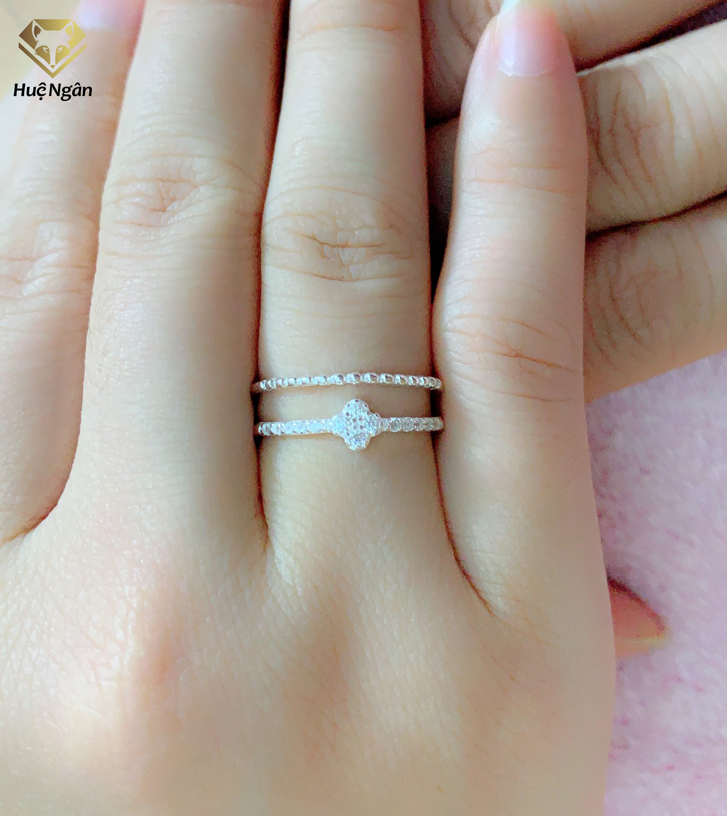 Nhẫn bạc Ý 925 Huệ Ngân - Nhẫn mảnh 2 hàng cỏ bốn lá free size RR1308