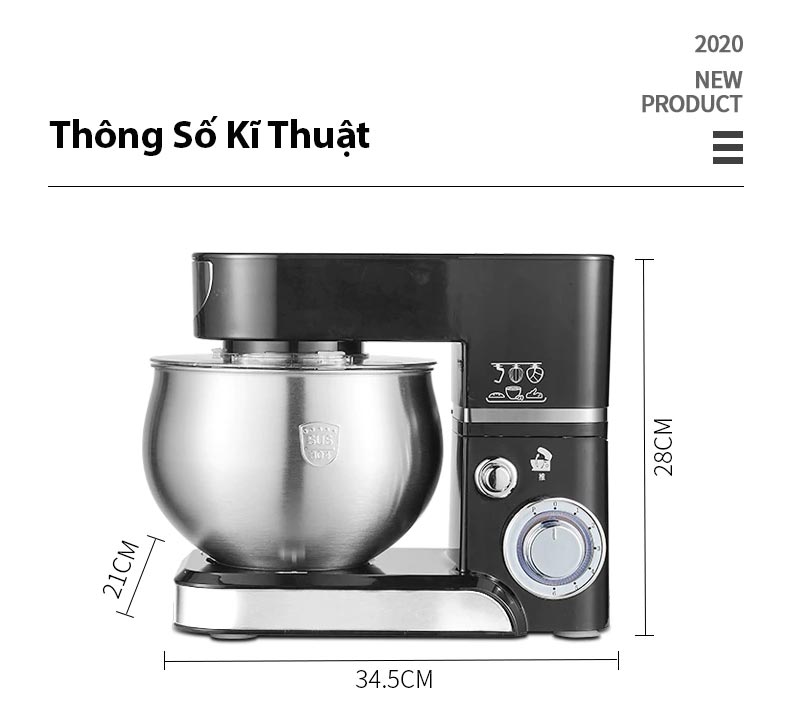 Máy nhào bột, đánh trứng, trộn thực phẩm làm bánh 5 lít 1200W SC205A Hàng Chính Hãng