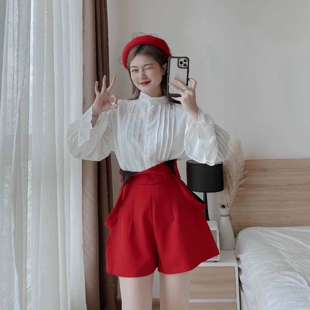 SET ĐẦM YẾM JUMPSUIT ĐỒ BAY NGẮN TRƠN QUẦN ỐNG RỘNG LƯNG CAO + ÁO SƠ MI TAY BỒNG DẠO PHỐ DỰ TIỆC GIÁNG SINH NOEL