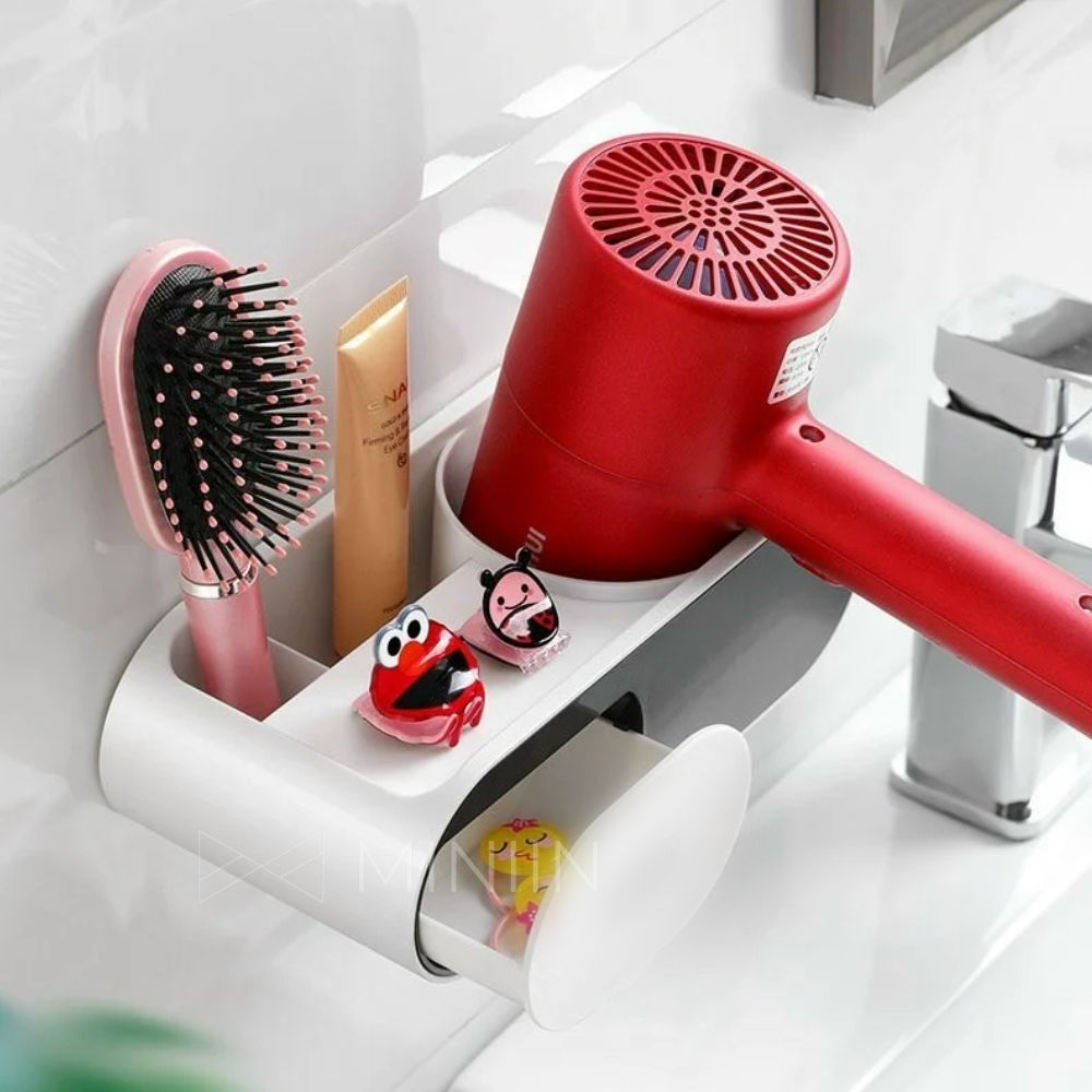 Giá Đỡ Máy Sấy Tóc Dán Tường Nhà Tắm Siêu Chắc Có Ngăn Đựng Đồ Trang Điểm - Kệ gắn tường - Hàng Chính Hãng MINIIN