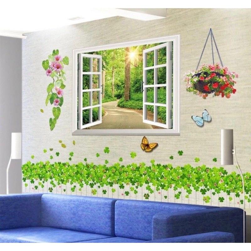 Decal dán tường cửa sổ xanh và chân cỏ may mắn