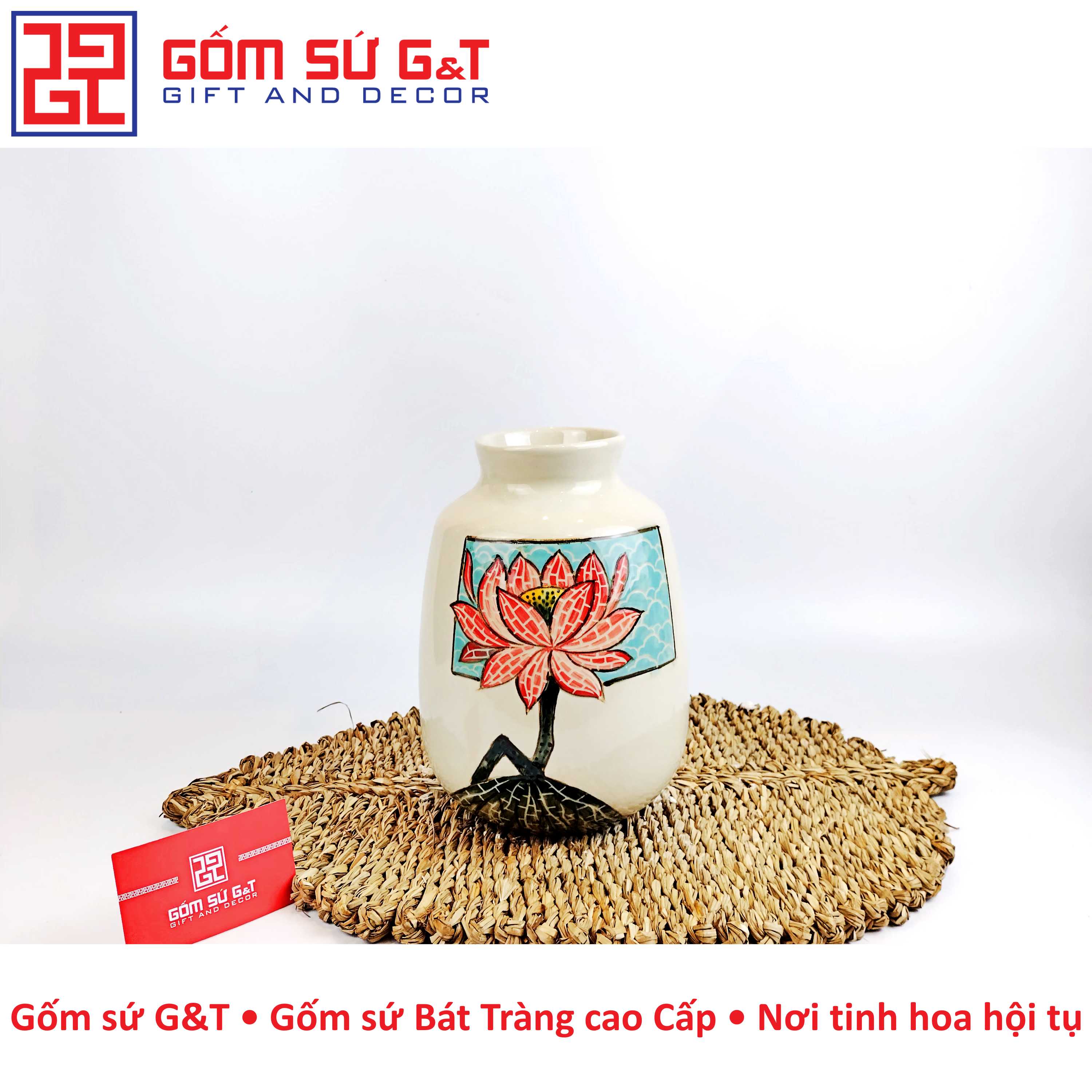 Lọ hoa vai vuông vẽ sen Gốm Sứ G&T