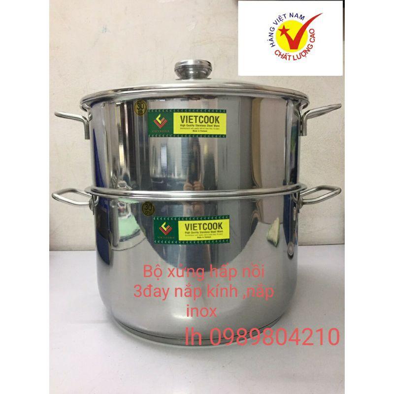 Bộ nồi xửng hấp inox ,xửng hấp inox 2 tầng 3 đáy nắp kính,nắp inox VietCook đun bếp từ size 26 chõ hấp xôi