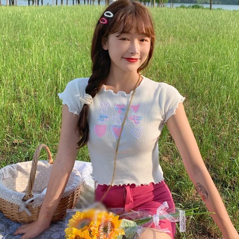 Áo Thun Dệt Kim Tay Ngắn Cổ Tròn Kiểu Dáng Ngọt Ngào Cho Nữ