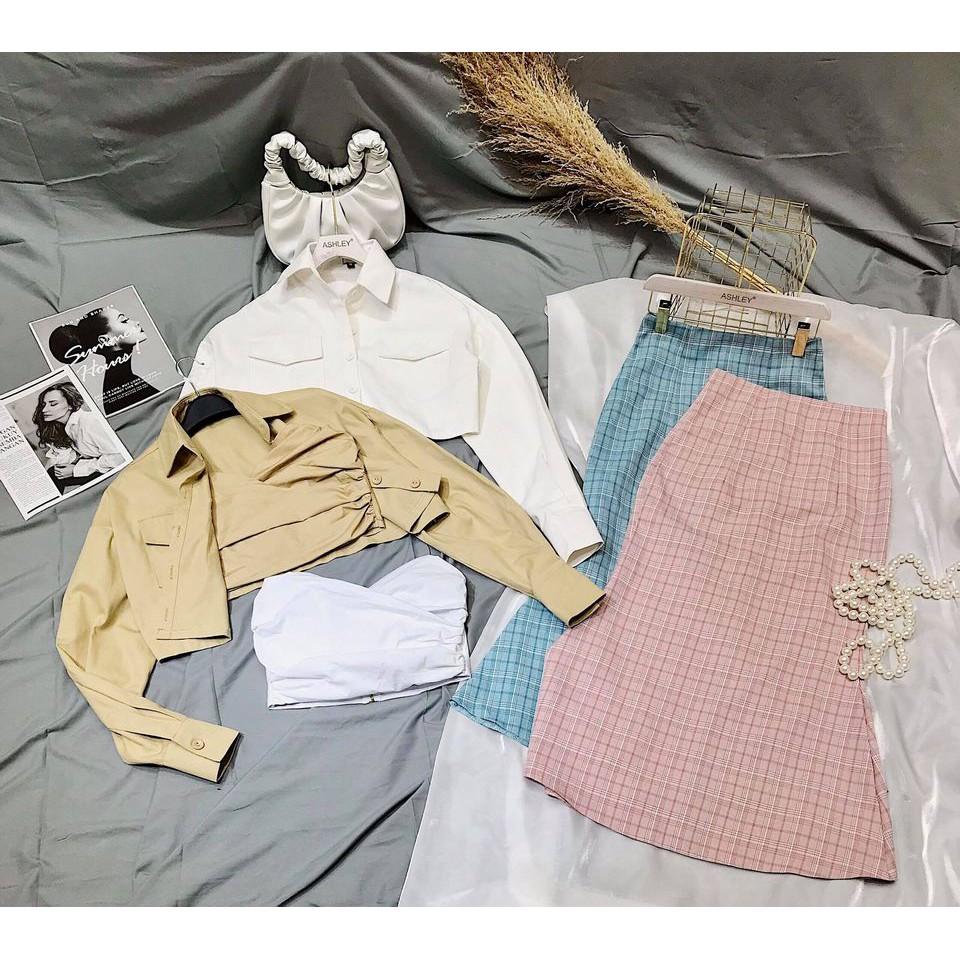 SET ÁO CÚP NGỰC SƠ MI CROPTOP KHOÁC NGOÀI KÈM CHÂN VÁY KẺ