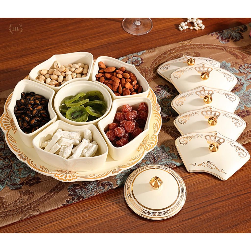 KHAY SỨ TRÒN CÓ NẮP ĐẬY HOÀNG GIA CAO CẤP XOAY 360 ĐỘ KẺ VÀNG KIM CHO SẢNH PHÒNG KHÁCH - BIỆT THỰ ĐỰNG BÁNH KẸO 2022