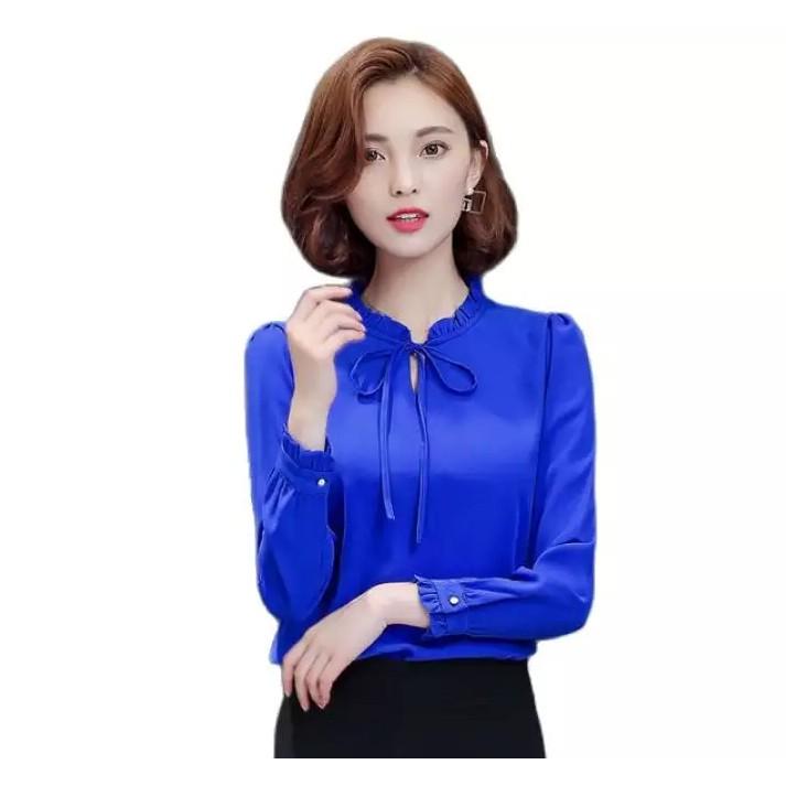 Áo sơ mi nữ tay dài cổ bèo vải voan chéo thái chất mềm mát dày dặn - TA131