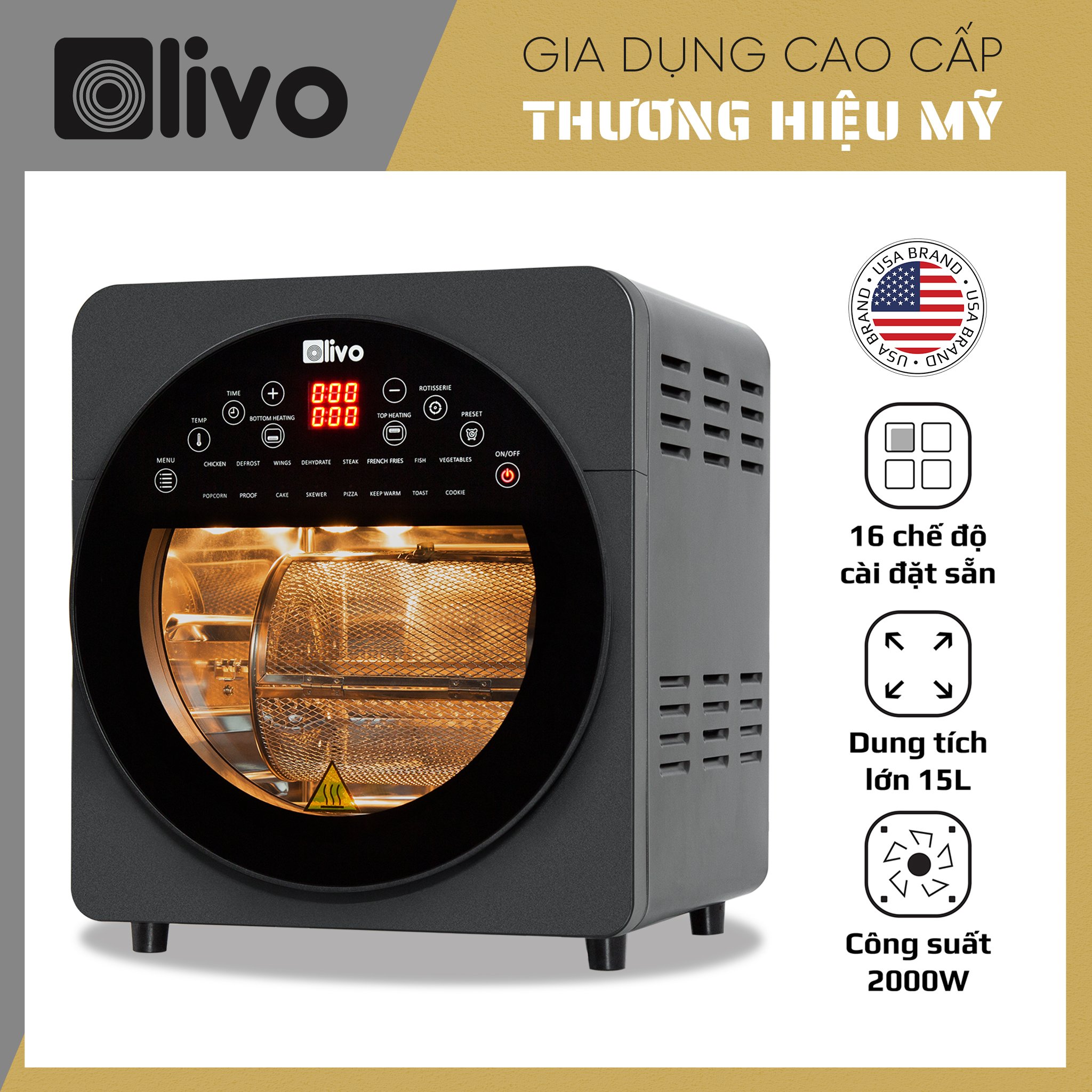 Nồi chiên không dầu OLIVO AF15 [HÀNG CHÍNH HÃNG] - Dung Tích 15 Lít - 16 Chức Năng