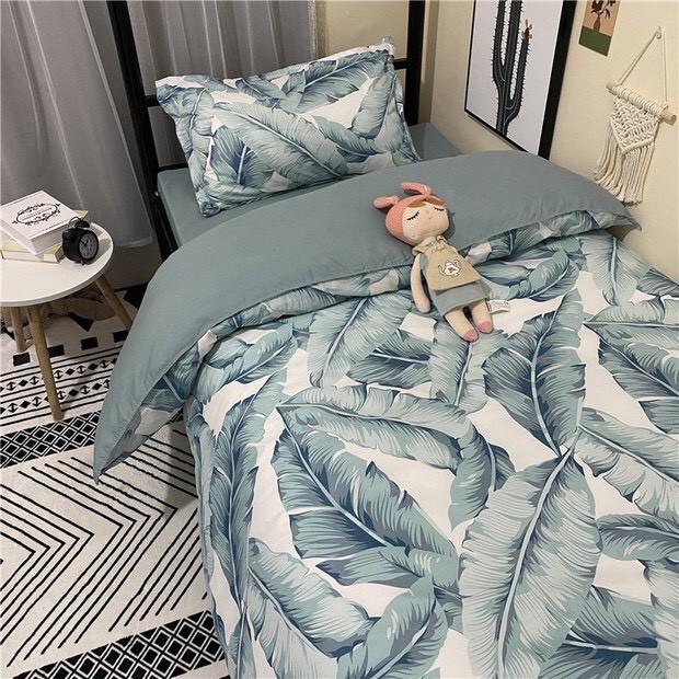 Bộ chăn ga gối Cotton poly M2T bedding, vỏ chăn , drap ga giường và 2 vỏ gối - Pl Lá chuối