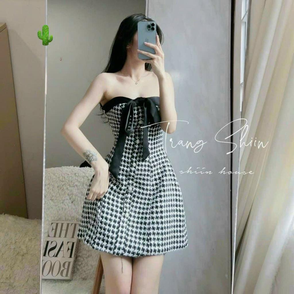 Đầm bố caro xoè cúp ngực cài nút phối dây cột nơ