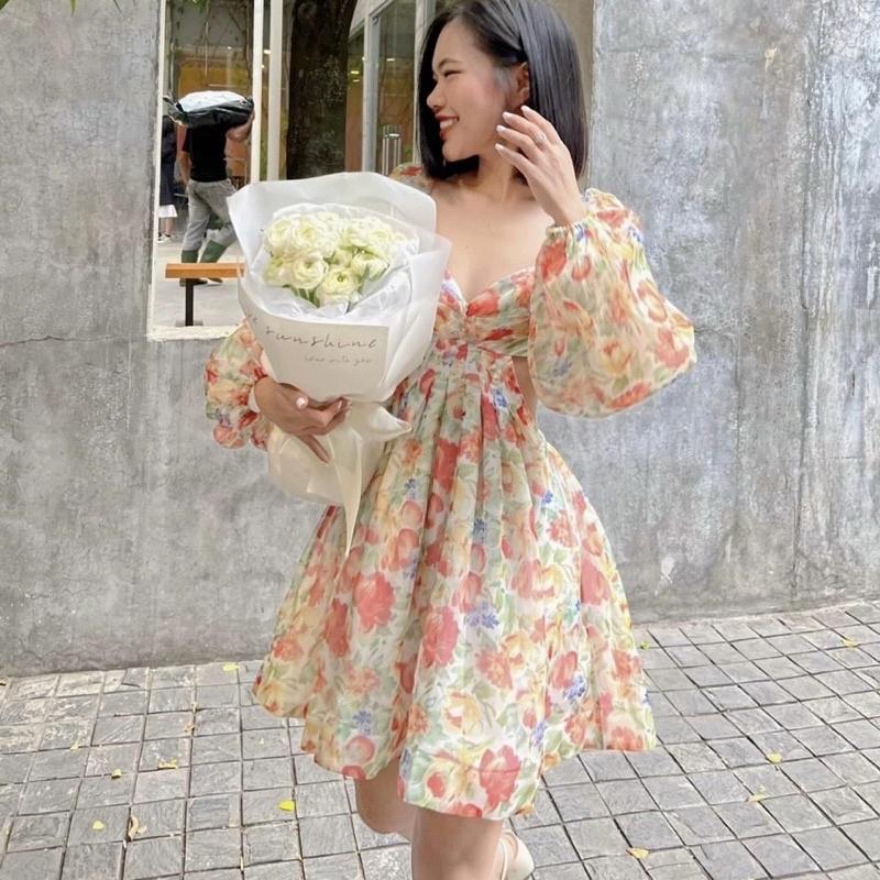 Đầm Hoa Nơ Lưng Tay Phồng Xếp Ly Thân