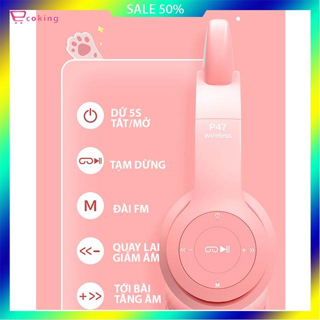 Tai nghe mèo chụp tai bluetooth 5.0 P47M ,tích hợp thẻ TF bass chất lượng cao,có micro nghe gọi - Hàng Chính Hãng