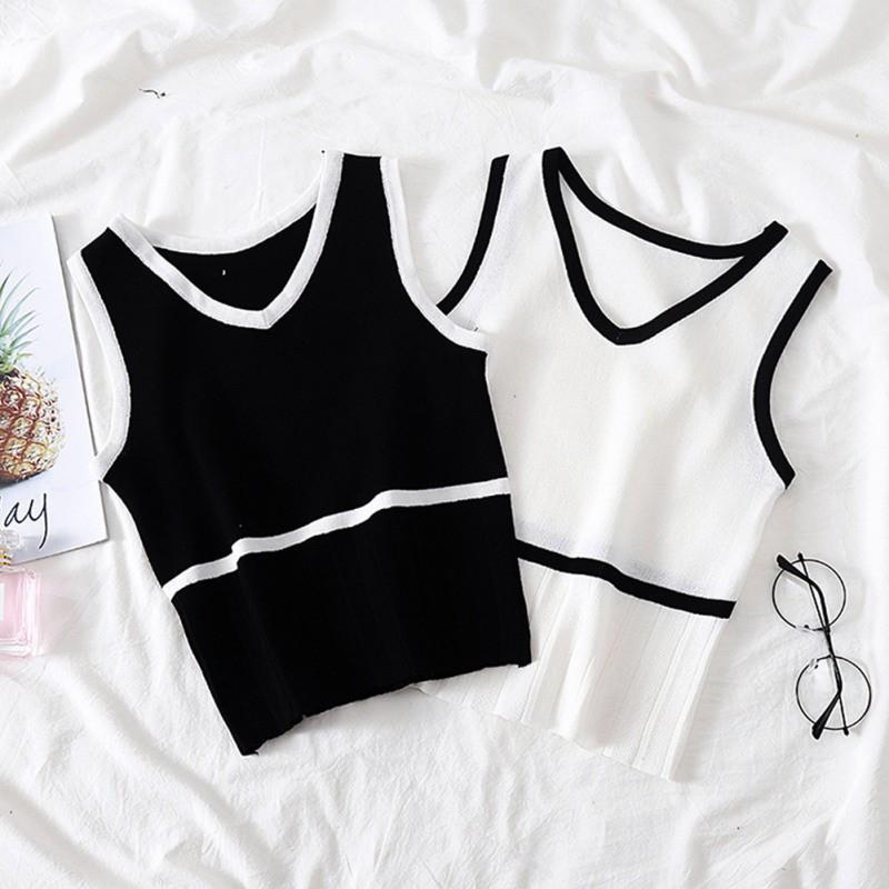 Áo dệt kim sát nách thiết kế cổ chữ V nữ tính