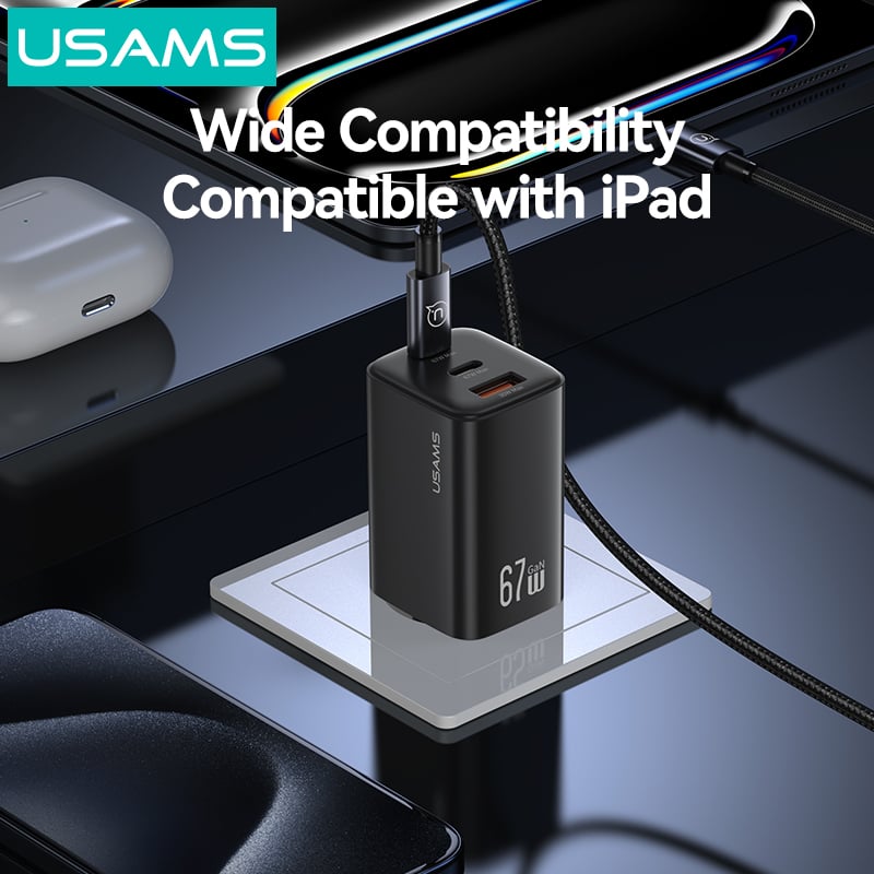Củ Sạc Nhanh 67W 2C+A USAMS CC272 (GaN Charger, 3 Port, CC272 chân dẹp) Hàng Chính Hãng