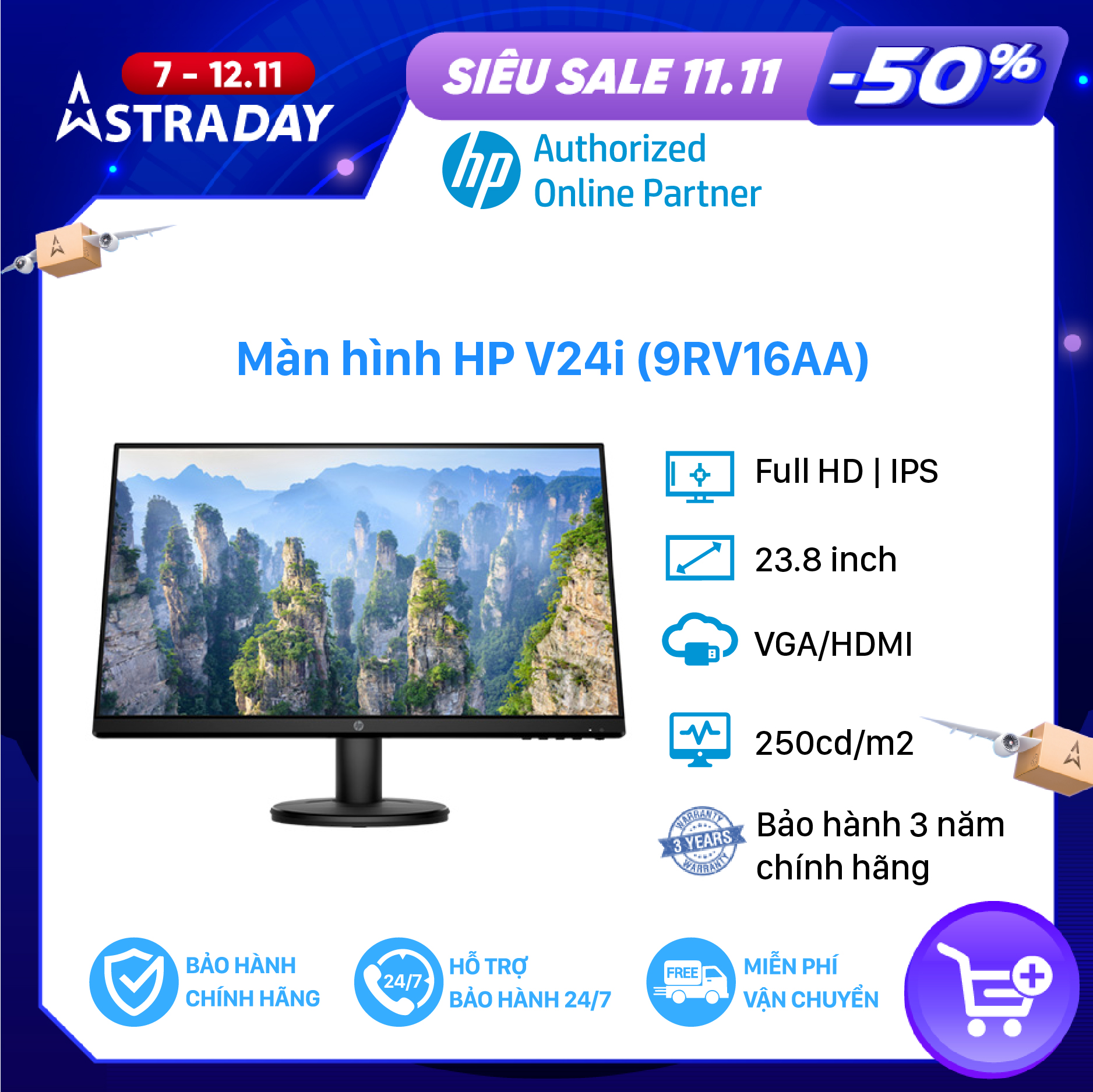 Màn hình máy tính HP V24i 9RV16AA - 23.8 inch/ Full HD (1920x1080)/ VGA/ HDMI/ LED/ IPS/ Đen - Hàng Chính Hãng - Bảo hành 36 tháng