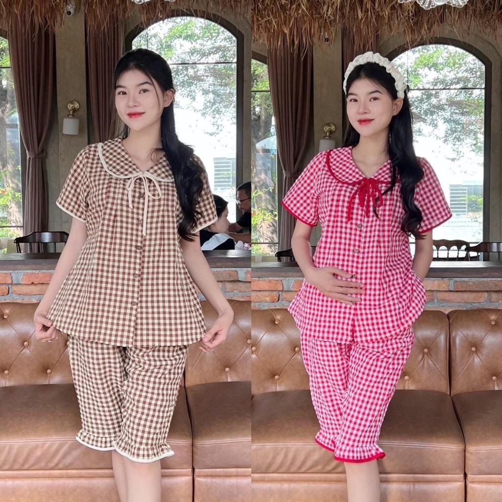 Bộ Đồ Bầu Lửng Karo Mẫu Mới Mùa Hè 2025 Mặc Nhà Chất Cotton Hàn Nhẹ Mát Có Chun Điều Chỉnh - Đỏ