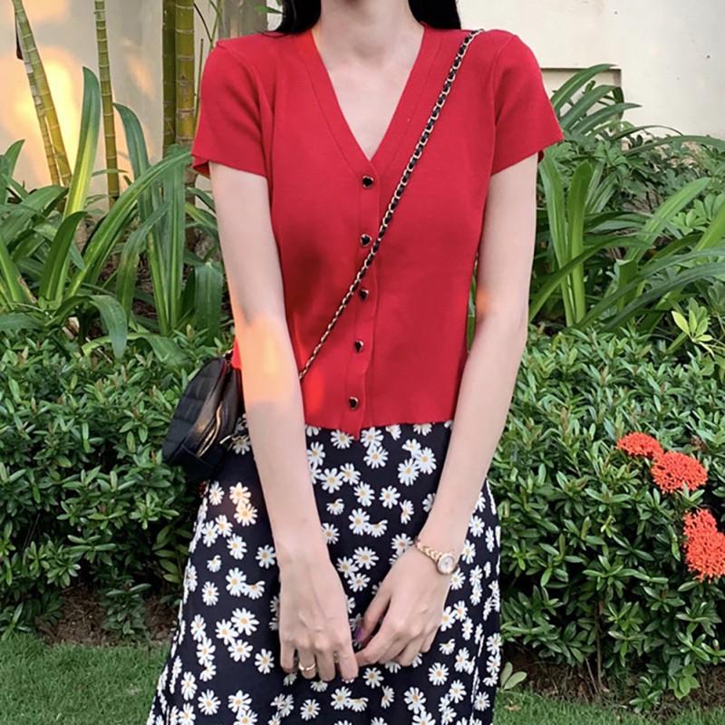 Áo Dệt Kim Ngắn Tay Cổ Chữ V Thời Trang Mùa Hè Hàn Quốc