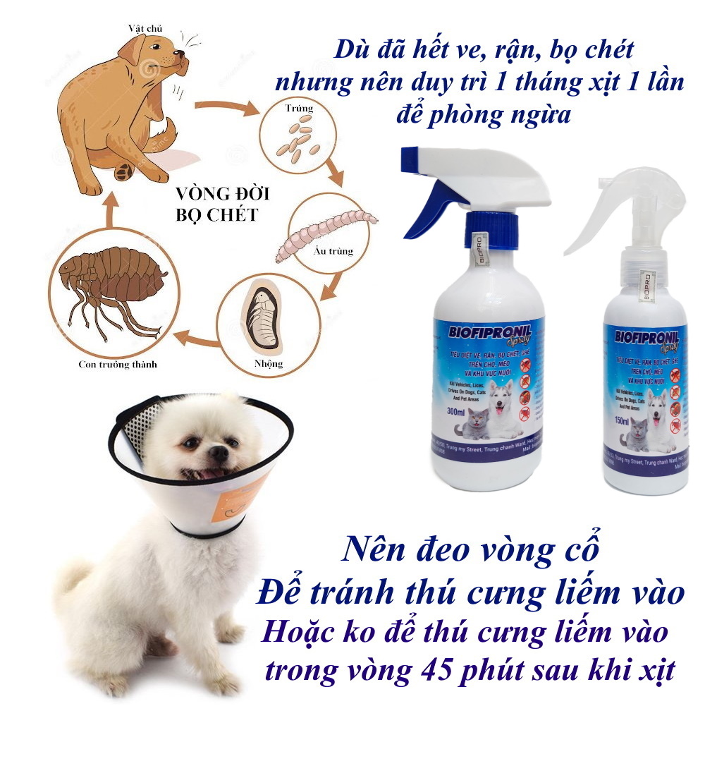 Chai xịt tiêu diệt sạch ve rận bọ chét ghẻ cho Chó, Mèo BioFipronil An toàn, Hiệu quả, Tác dụng lâu dài Sx tại Việt Nam