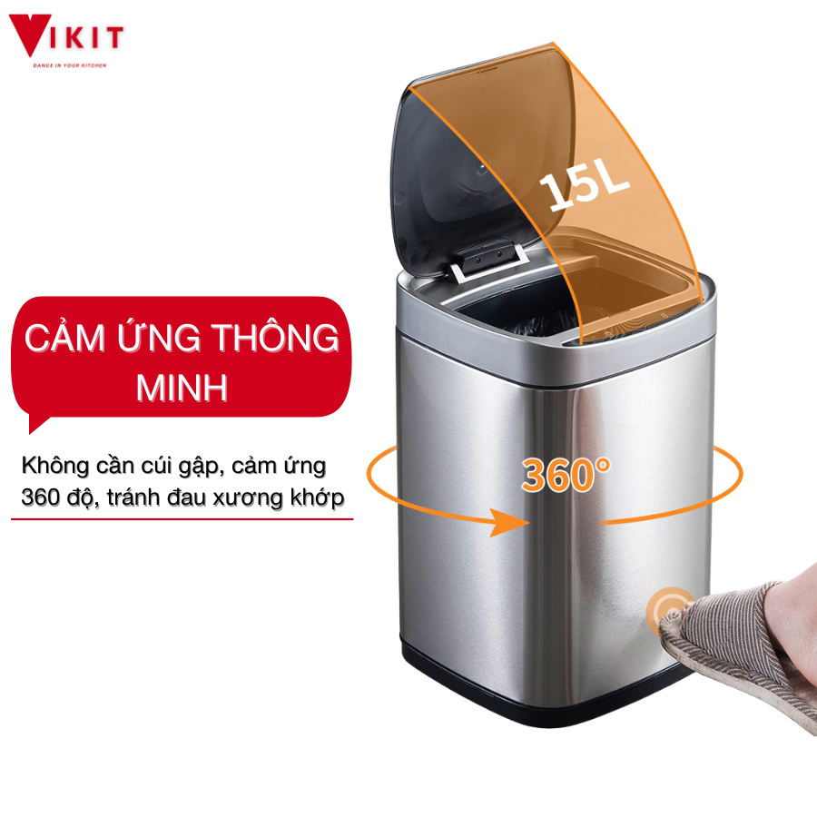 Thùng rác cảm ứng thông minh loại inox cao cấp Vikit RCU01 - Trắng