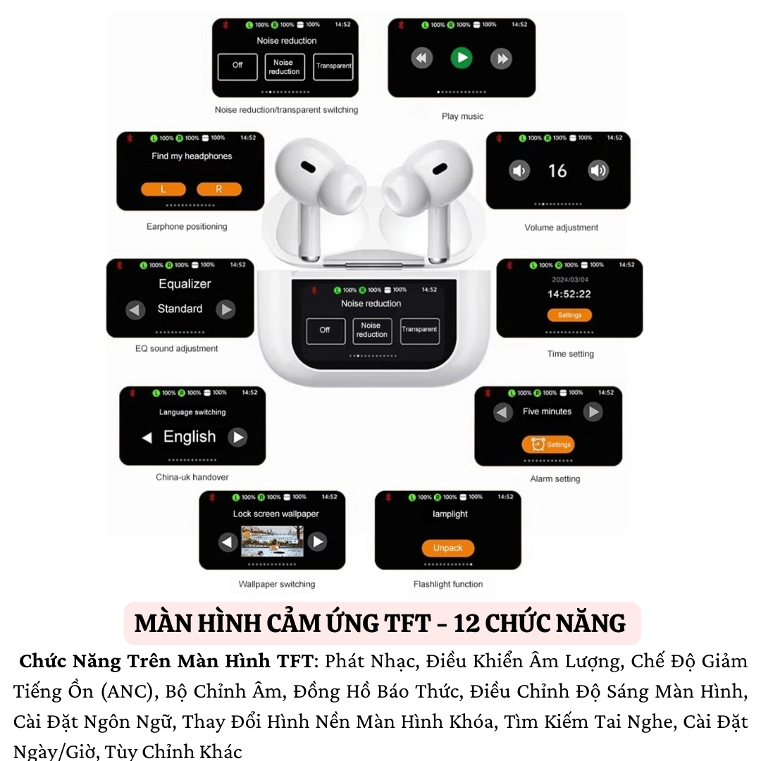 Tai nghe không dây TWS chống ồn chủ động ANC màn hình cảm ưng TFT hiệu WIWU T22 - Trang bị bluetooth v5.4, cảm biến chạm - Hàng nhập khẩu