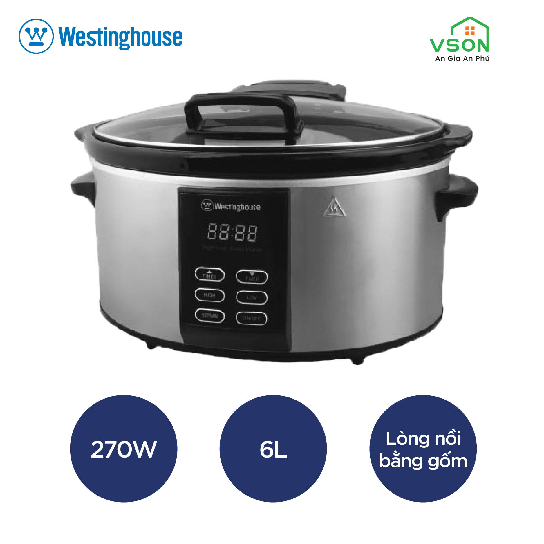 Nồi nấu chậm 6 Lít WestingHouse WKSC65 6L Công suất 270W Nồi bên trong bằng gốm Vỏ thép không gỉ - Hàng chính hãng