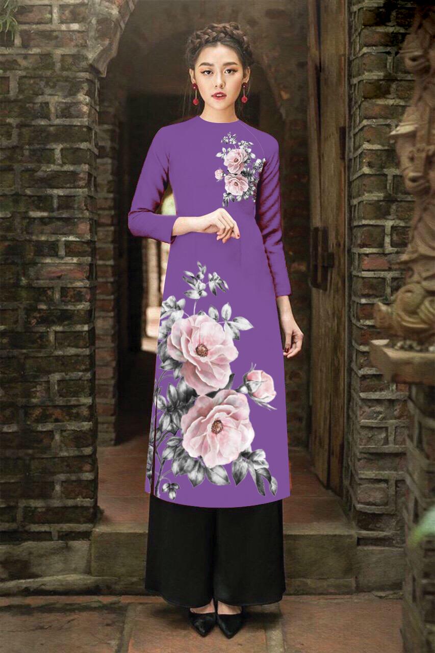 Áo dài cách tân in nụ tầm xuân cao cấp - KHÔNG KÈM QUẦN