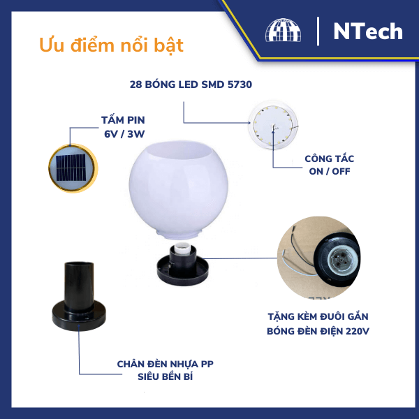 Đèn trụ cổng năng lượng mặt trời JD-X70/JD-X75 | 6V 3W | Ánh sáng trắng/vàng | Mẫu mới 2025