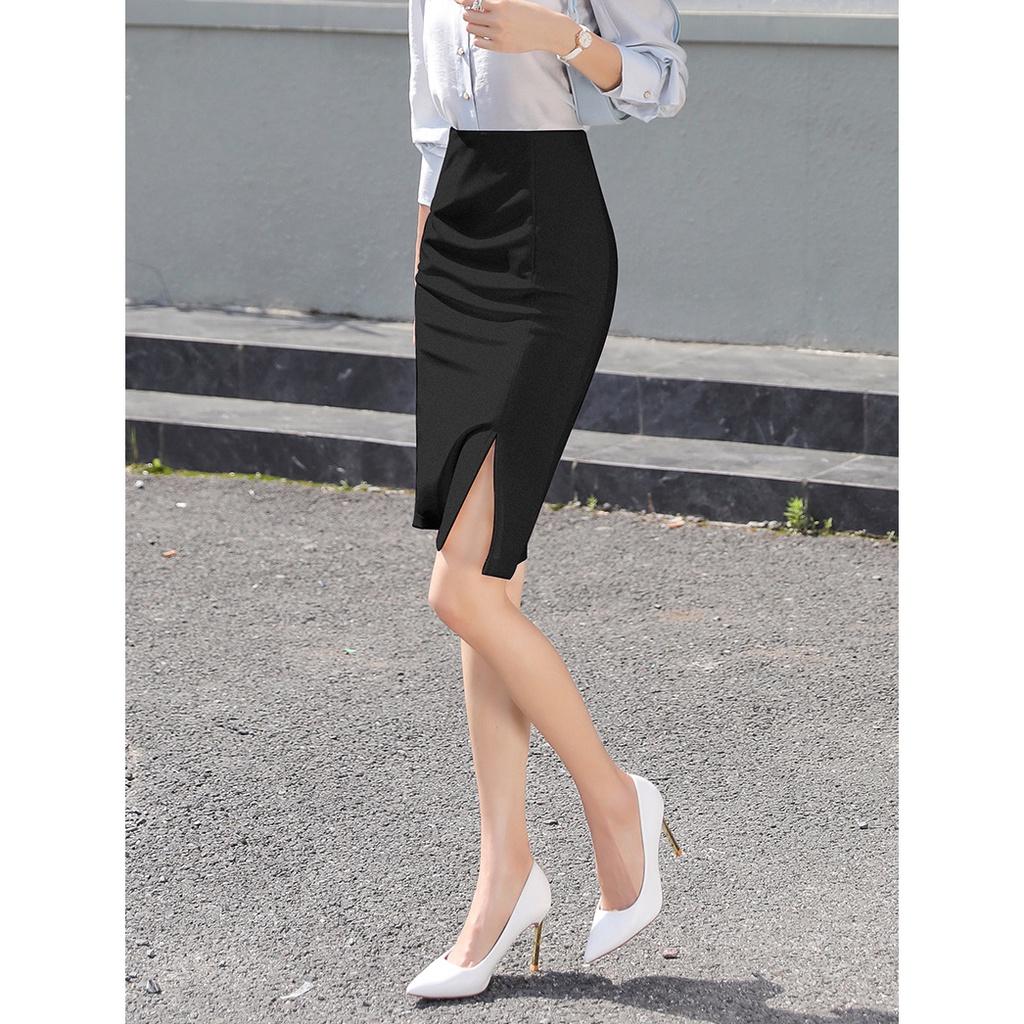 Chân Váy Công Sở Bút Chì Xẻ Tà Trước CHIPY Dài Tới Gối Lưng Thun Cạp Cao Màu Đen Chất Umi Cao Cấp Co Giãn 4 Chiều MCV006
