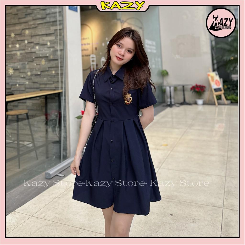 Váy sơ mi logo khoét lung thắt nơ, Váy hở lưng KAZY DRESS V002